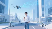 城市街道上，一名男子用手機操控飛行中的無人機，四周有機器人在工作。